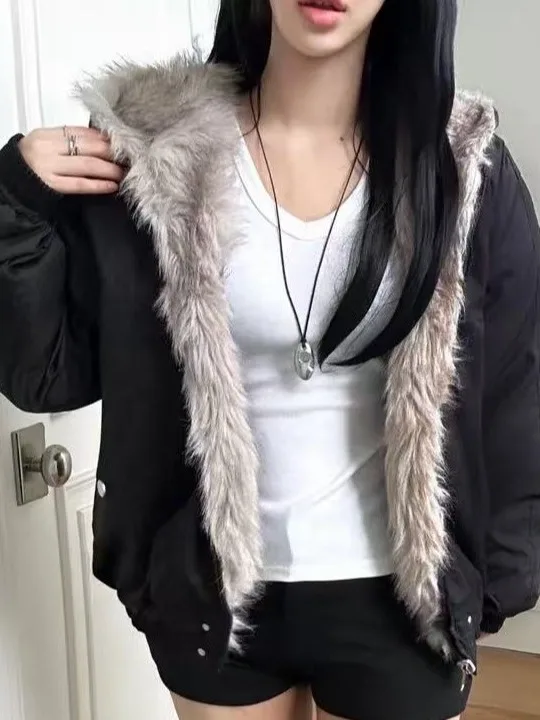 

Korean Sle Thier Fur Collar Jaet Women's Faion Design Warm Autumn Winter Cotton Coat Sli Anti-Aging Outerwear