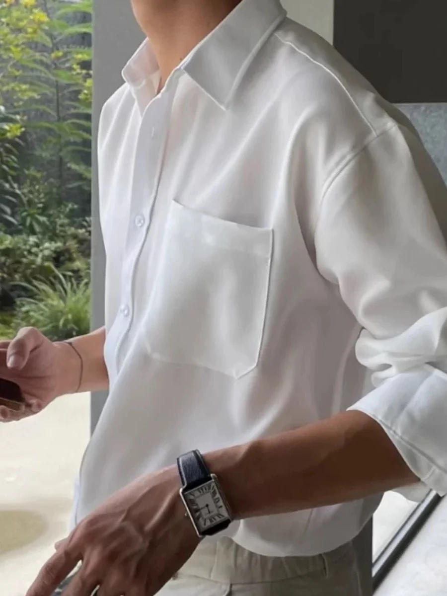 Men's Ice Silk Loose Long Sleeve Shirt Casual Style No Ironing Required Workwear Shirt Youth Popular Four Seasons Universal