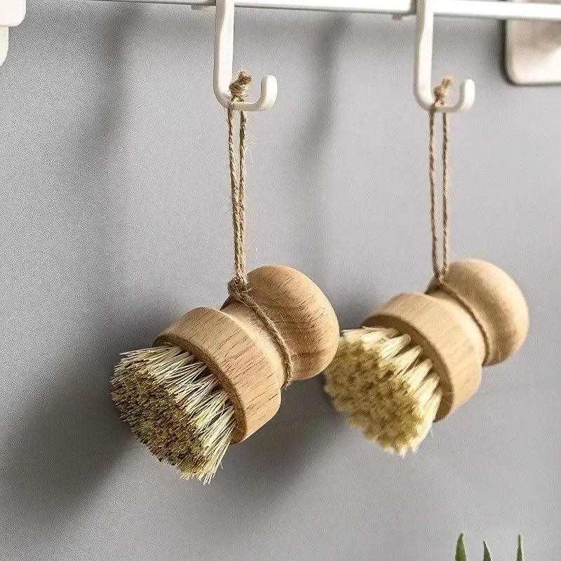 Kitchen dish brush Wooden handle and sisal coconut Multifunctional cleaning tools kitchen scrubbing brush image 2