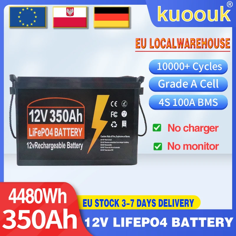 Image of Neuer LiFePO4 12V 350Ah Lithium-Akku für Boot, Wohnmobil, Haushalt und Solarenergiesystem, eingebautes 4S 100A BMS mit Untertemperaturschutz.