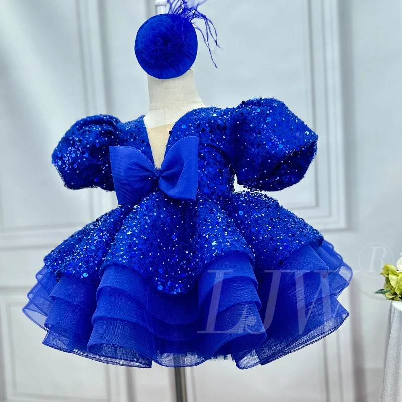 Baby gorgeous birthday dress 1-12 old girls fashionable V-neck sequin tail princess dress host stage catwalk wedding flower Dres