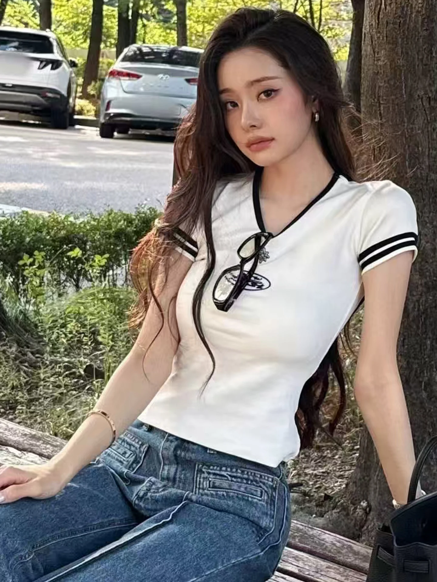 Anti-Aging V-Neck Printed Short T-Shirt Korean Style Slim Fit Cotton Top High Waist Casual Wear Summer Collection for Women
