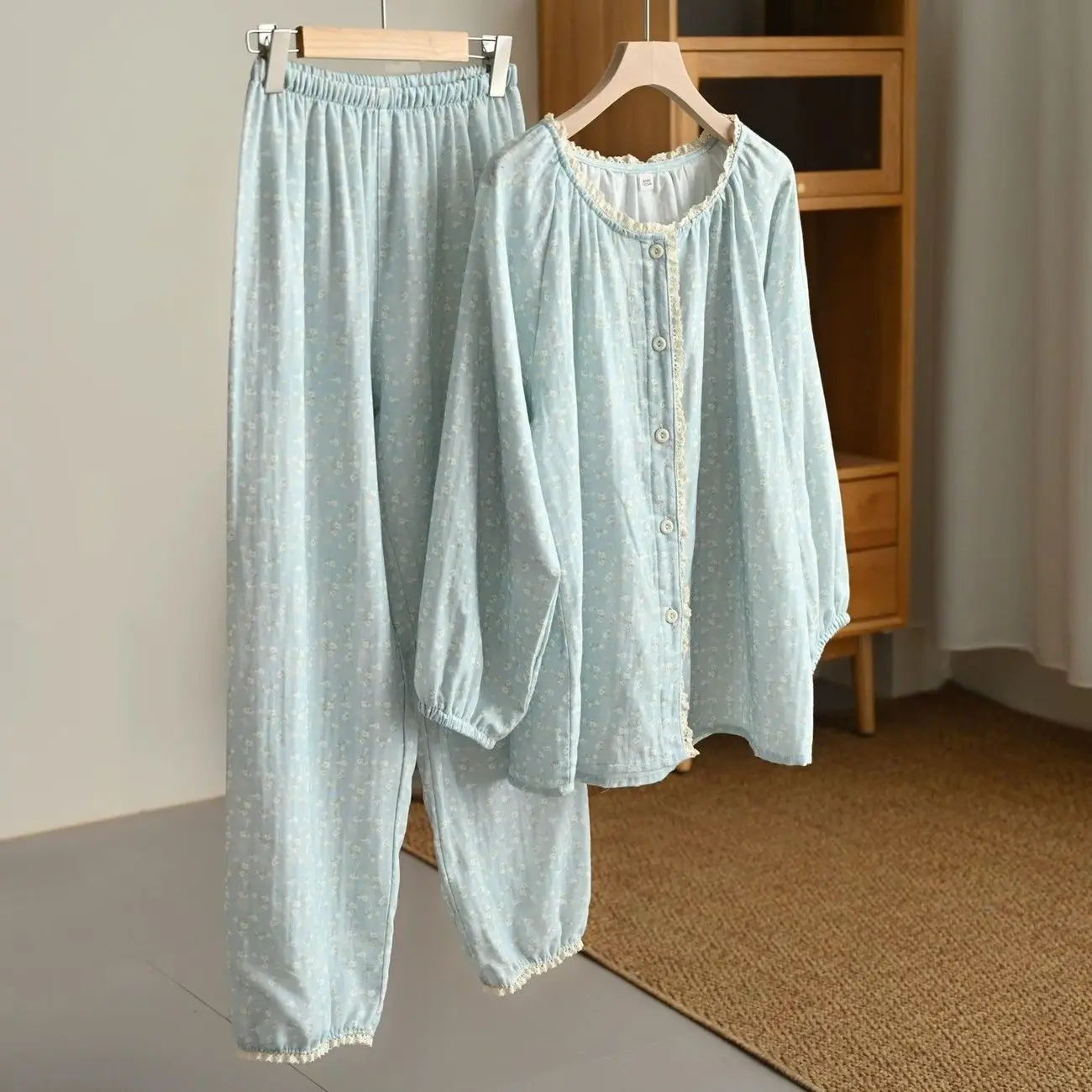 Ladies Soft Cotton Double Gauze Pajamas Set Long Sleeve Button Up Sleepwear Casual Full Length Lounge Pants Pyjamas Set Homewear