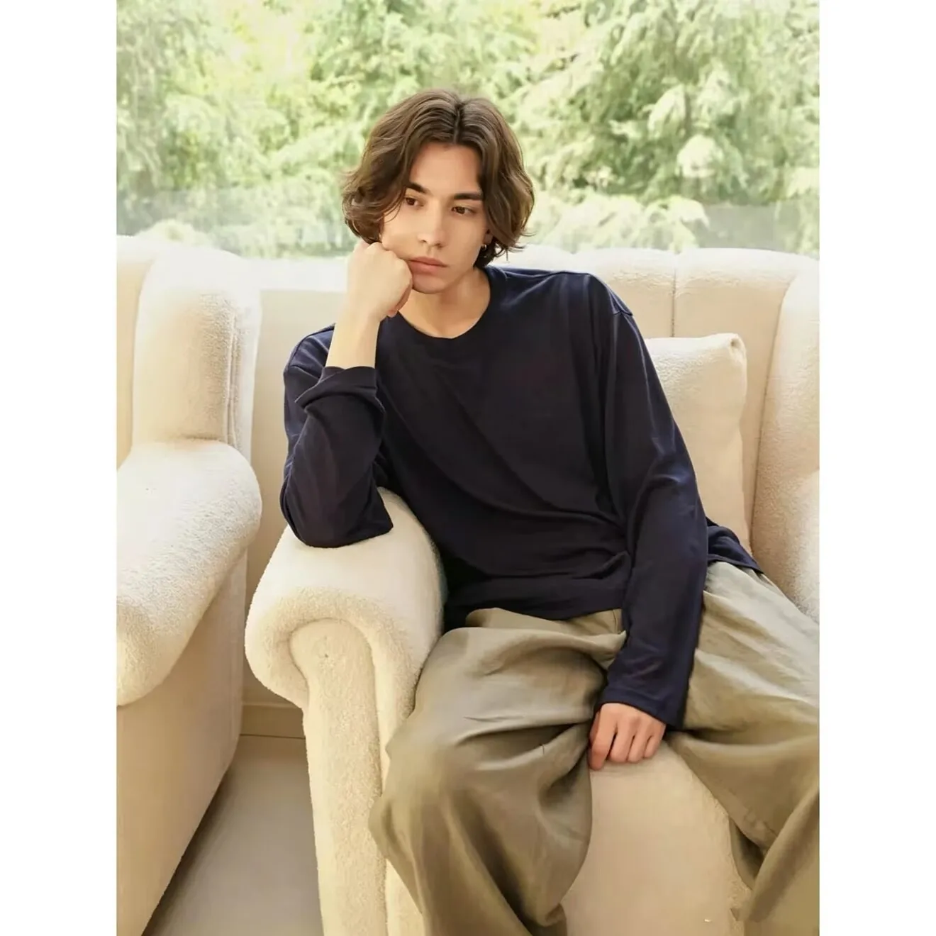 Merino Wool Lyocell Long Sleeve T-Shirt Thin Breathable Sun Protection Loose round Neck Top for Men And Women