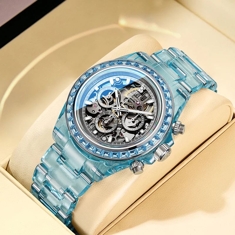 BONEST GATTI Luxury Transparent K9 Crystal Men Mechanical Watch Zircon Bezel Skeleton Movement Business Male Wristwatch
