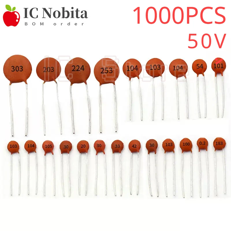 1000PCS 50V Ceramic Capacitor 1 2 4 5 6 8 10 15 22 27 30 33 47 100 180 220 330 470 560 680 1000 1500 3300 PF 10NF 22NF 100NF