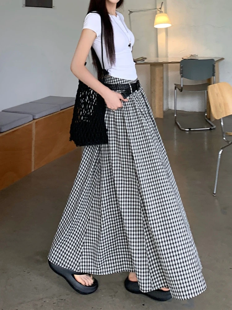 High Quality Black and White Skirt with Belt Korean Fashion High-waisted  A-line Skirt Female Elegant Pleated Long Faldas New
