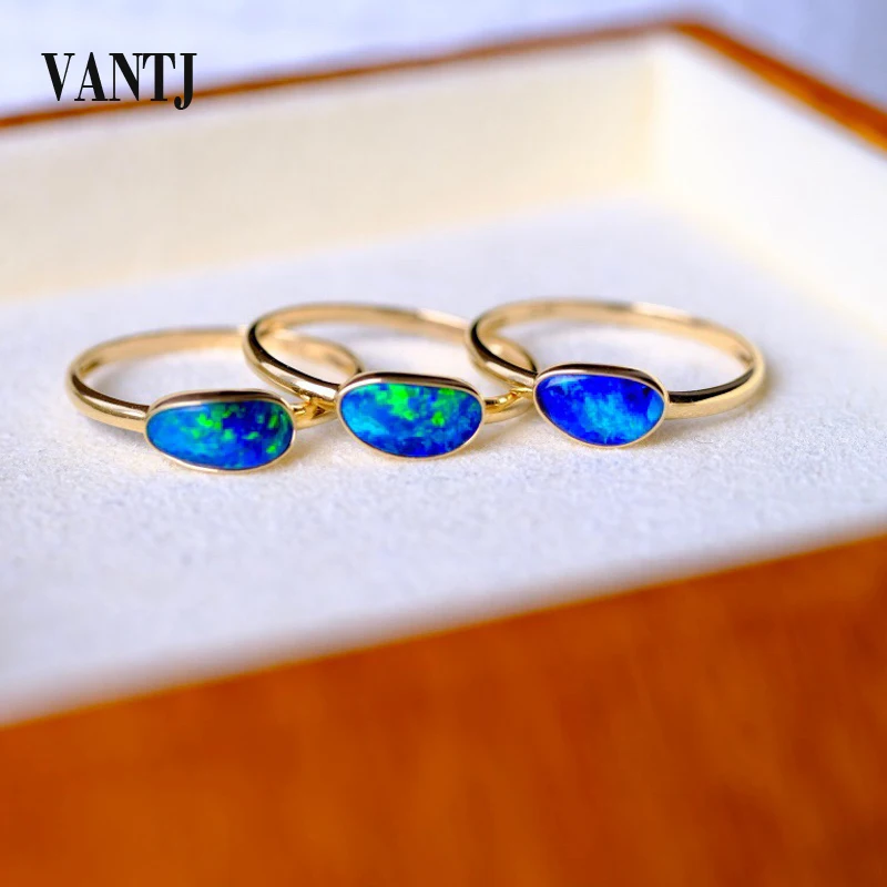 

VANTJ 100% Natural Australia Opal Ring Sterling 10K Gold Au750 Gemstone for Women Party Birthday Trendy Jewelry Gift