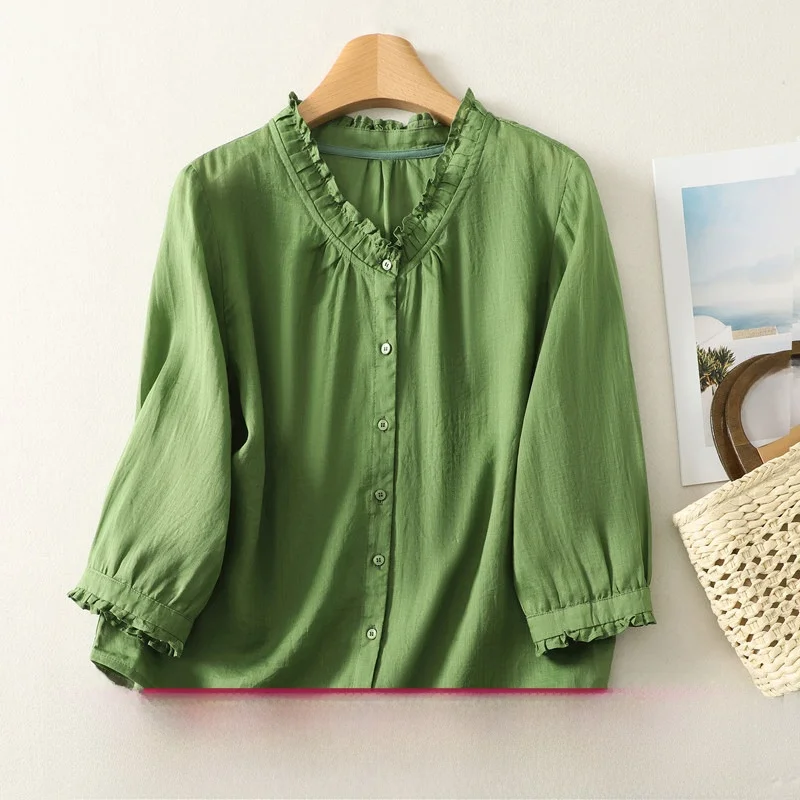 

Ретро-рубашка с коротким рукавом в художественном стиле, однотонная, женская, укороченная, тонкая, с рукавом до локтя, летний открытый кардиган из смесового хлопка и полиэстера