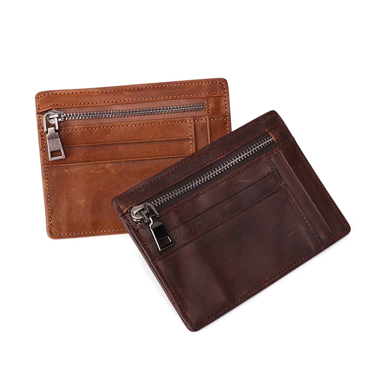 RFID Blocking Slim Front Pocket Ultra Thin Wallets Genuine Leather ID Credit Card Holder for Men Zipper Coin Pouch Purse