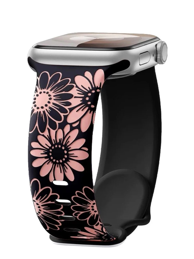 Armband für Apple Watch 42mm 46mm 44mm 45mm 41mm 40mm mit Blumengravur, Correa-Armband Serie 11 10 9 8 7 SE 6 5