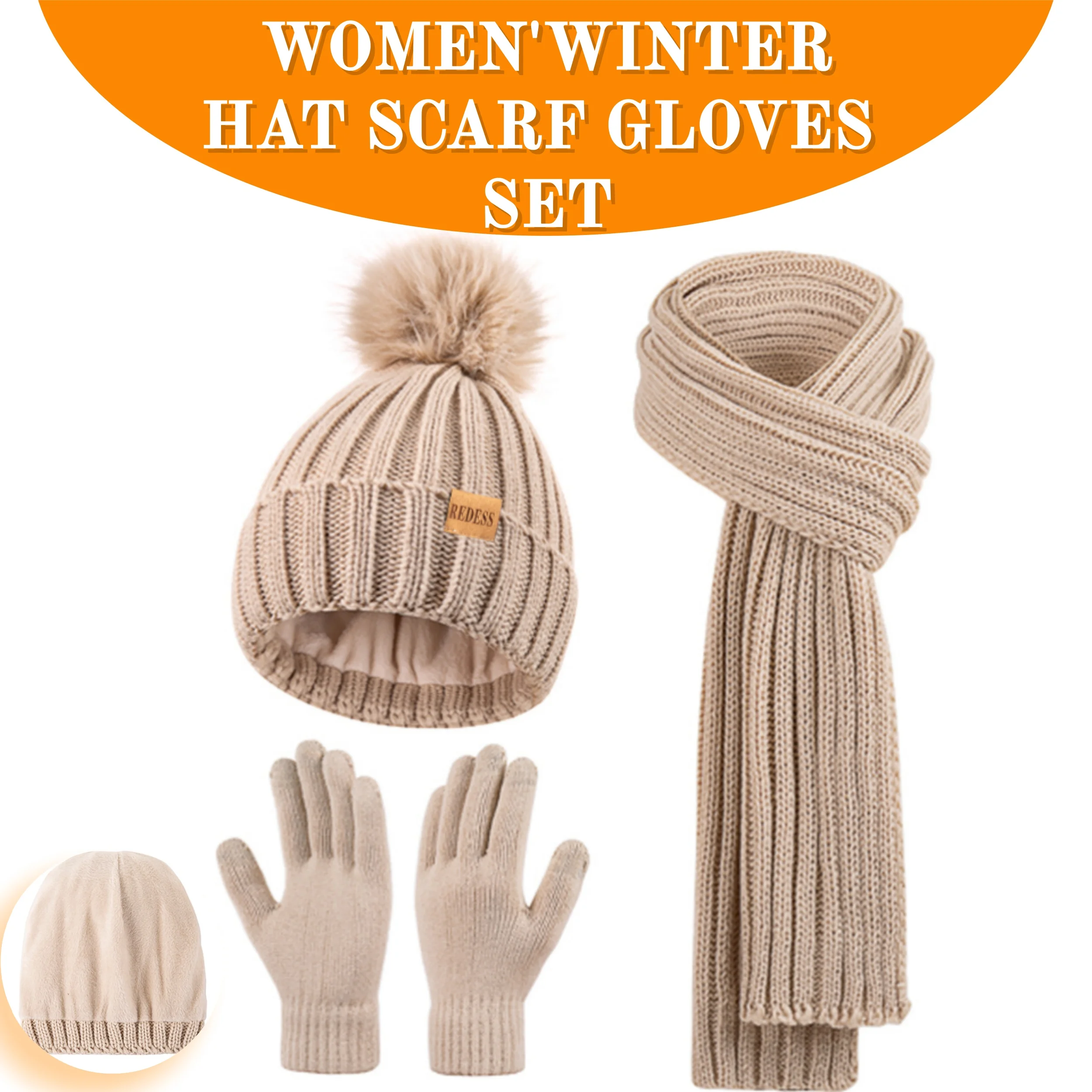 3 قطع قبعة بوم بوم عصرية شتوية، قفازات تعمل باللمس، وشاح طويل محبوك، دافئ ومقاوم للرياح، هدية دافئة، للأصدقاء والعائلة #1