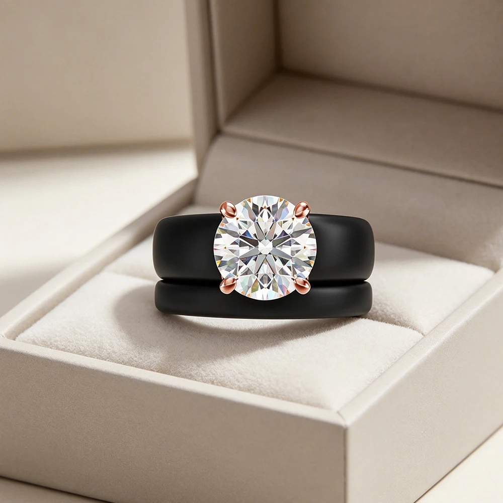 Round Brilliant Cut Cubic Zirconia Ring with 2-Layer Black S