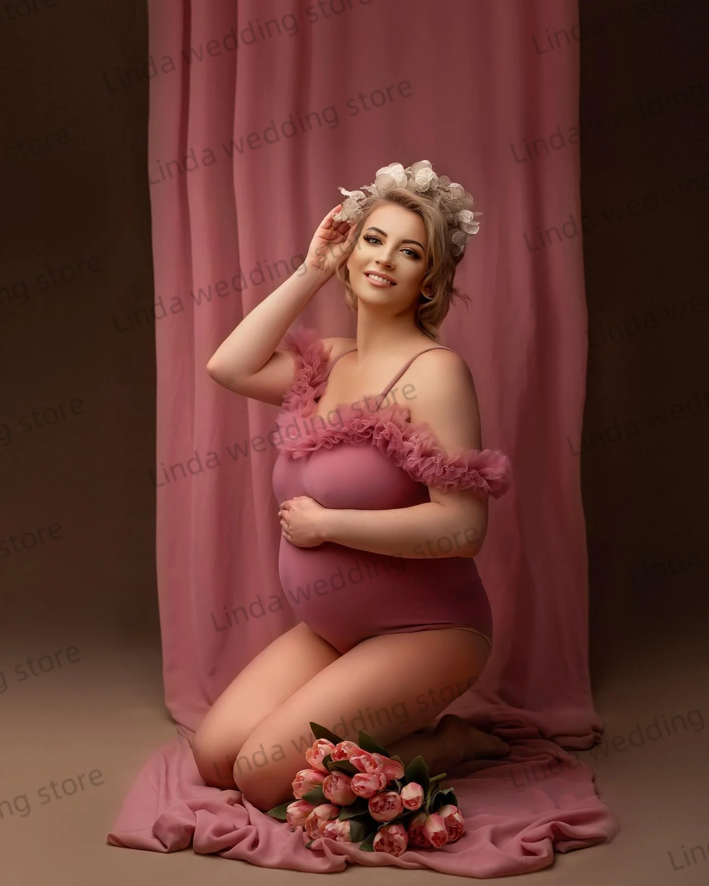 Ruffles Pink Pregnant Bodysuit Off Shoulder Sleeveless Maternity Dress for Photography Photoshoot Robe Photo Women Baby Shower