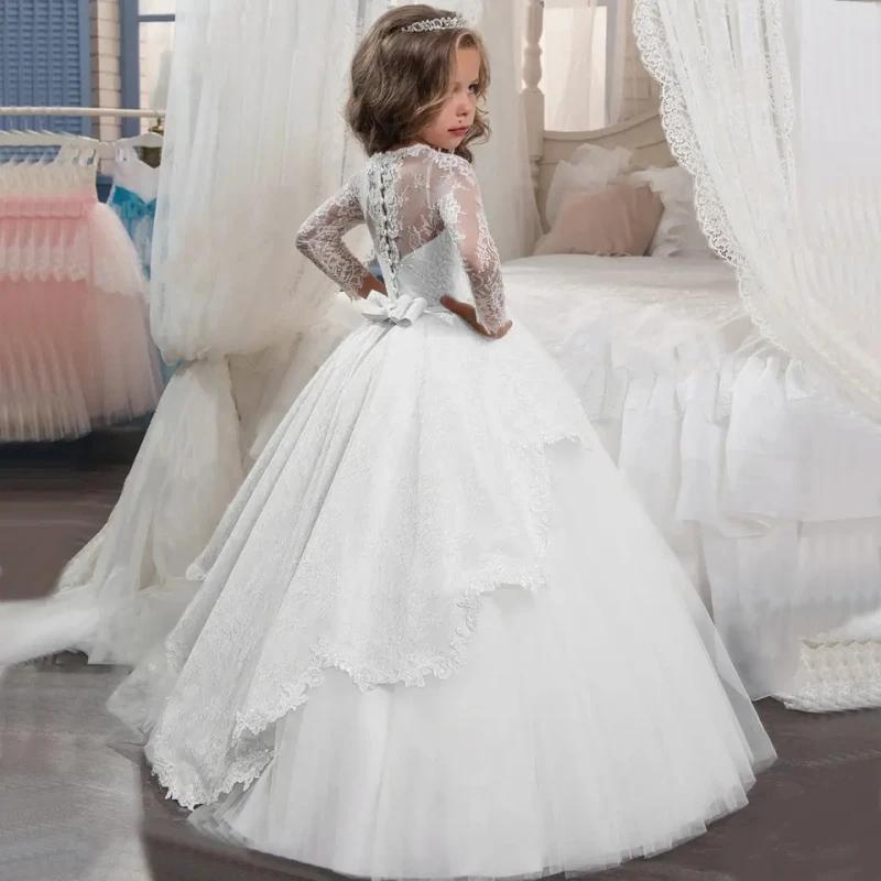 Flower Girl Dresses White Tulle Puffy Appliques With Bow Long Sleeve For Wedding Birthday Party First Communion Gowns