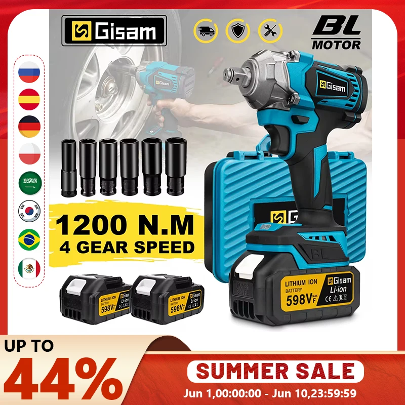 Gisam 1200N.M Brushless Electric Impact Wrench 1/2 inch Screwdriver Cordless Electric Wrench Tools for Makita 18V Battery Pins