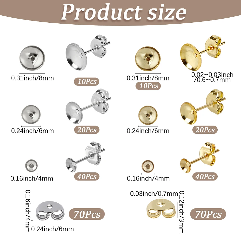 1 Box 140Pcs 4/6/8mm Stainless Steel Earring Posts Pearl Cup Blank Earring Studs with Ear Nuts Gold Silver Half Round Base Ear