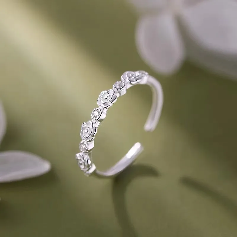 925 Sterling Silver Stacked Roses Flower Adjustable Ring For Women Wedding Cute Fine Jewelry Niche Design Romantic Accessories