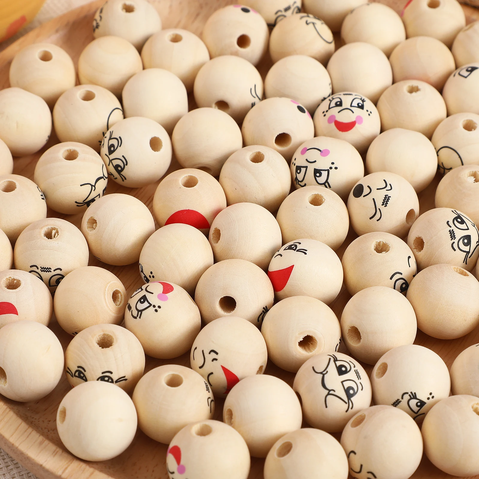 

80 Pcs Smile Face Wooden Beads 20mm Craft Decor With Large Holes Natural Wood Round Loose Beads For Bracelets Garlands