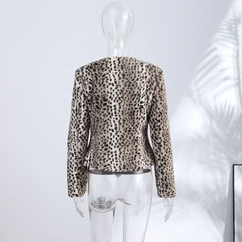 Kunstfell-Leopardenmuster Cropped-Jacke für Damen Rundhals Einreihiger Flauschiger Plüschmantel 2026 Vintage Y2K Oberbekleidung – Detail 2