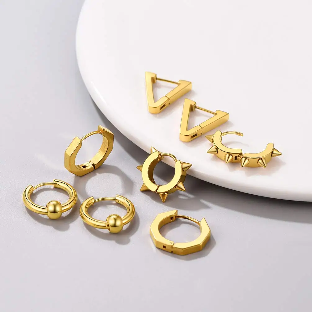 4 pares/conjunto Acero inoxidable triángulo de pico geométrico redondo pequeño aro Huggie pendientes joyería de declaración punk para hombres mujeres