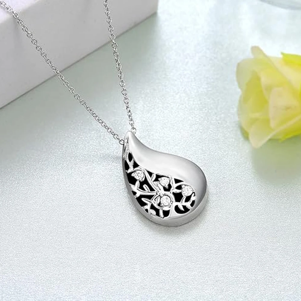 925 Sterling Silver CZ Titanium Steel Tree of Life Teardrop Urn Necklace Ashes Family Tree Keepsake Cremation Memorial Jewelry
