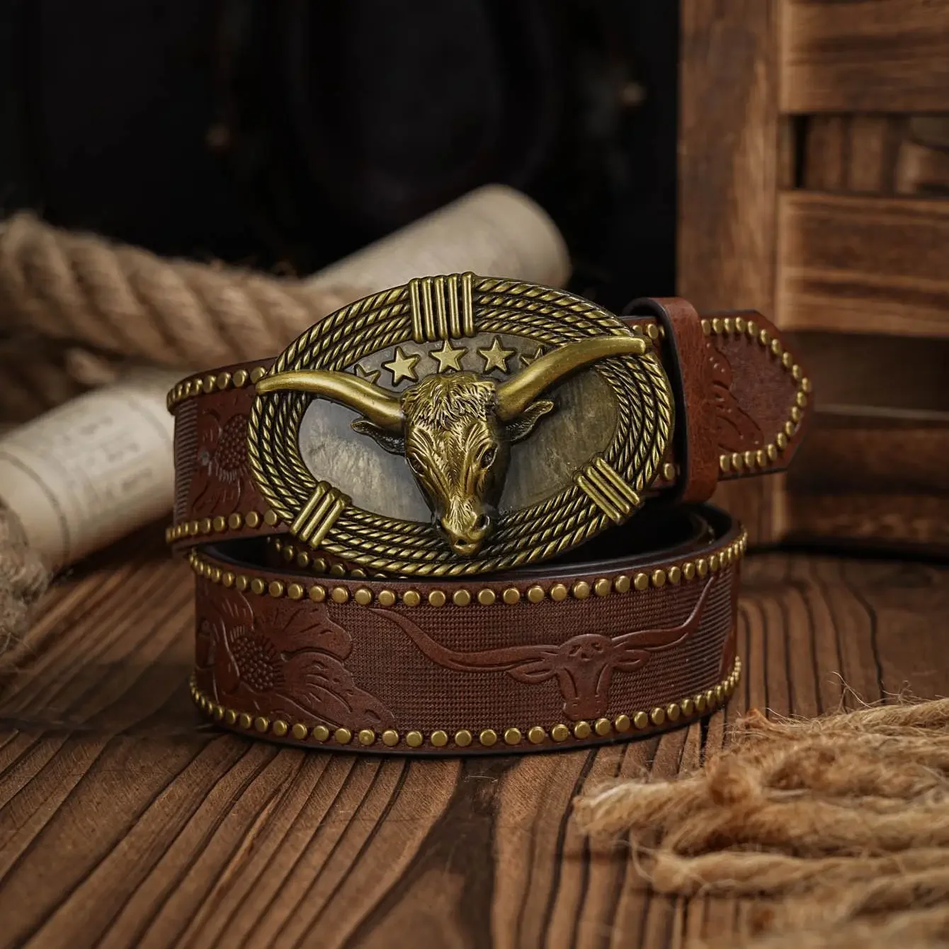 

Western Leather Buckle Belts Cowboy Longhorn Bull Pattern Buckle Belt Floral Engraved Buckle Belt for Men