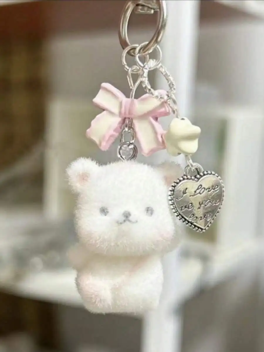 

1pc Unisex Cartoon Flocked Small Bear Keychain, Cute Bowknot, Heart, Star Pendant, Cartoon Accessories Bag Charm
