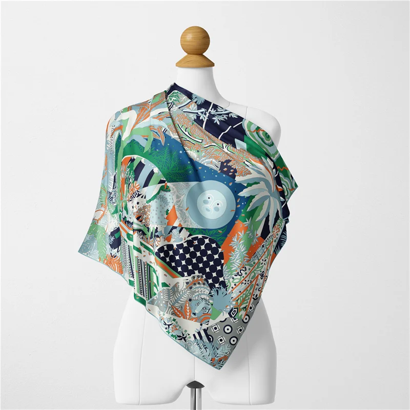 Twill Silk Scarf Woman Sun Foreast Painting Square Scarves Wraps Bandana Small Hijab Silk Foulards Tie Headband Neckerchief 53CM