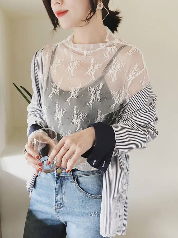 Summer Women Lace Floral Embroidery Blouses Shirt Ladies tops Sexy mesh Blouses Transparent Elegant See-through Black Shirt