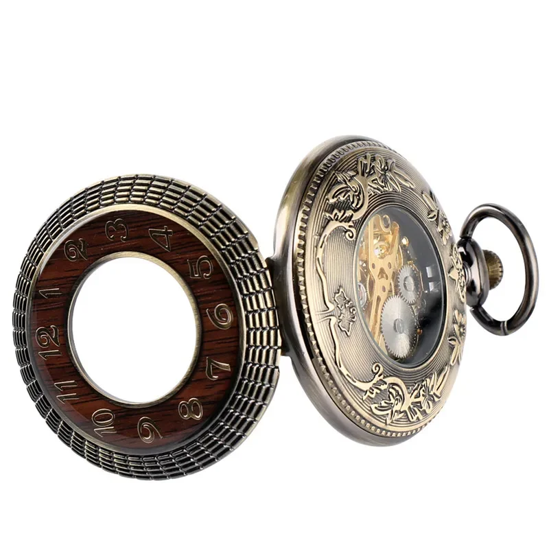 Bronze Skeleton Mechanical Hand Winding Pocket Watch for Men Women Roman Numerals Display Half Hunter Pendant Chain Timepiece