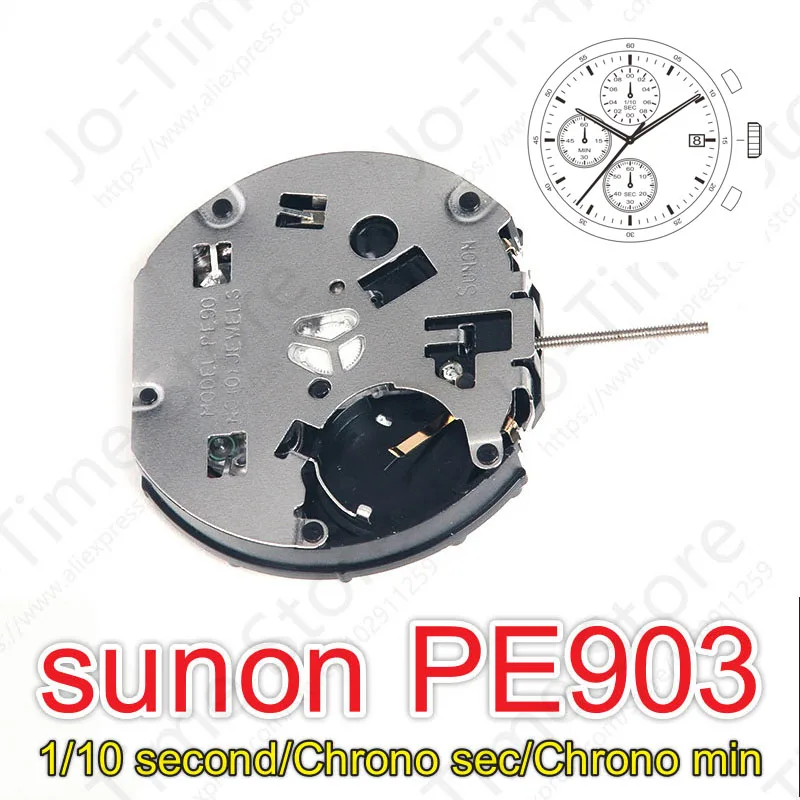 PE903 Movement Sunon Pe90 China Ligne Quartz Three Hands With 3eyes &Date Small Chronograph Second & Minute,1/10second PE903-3