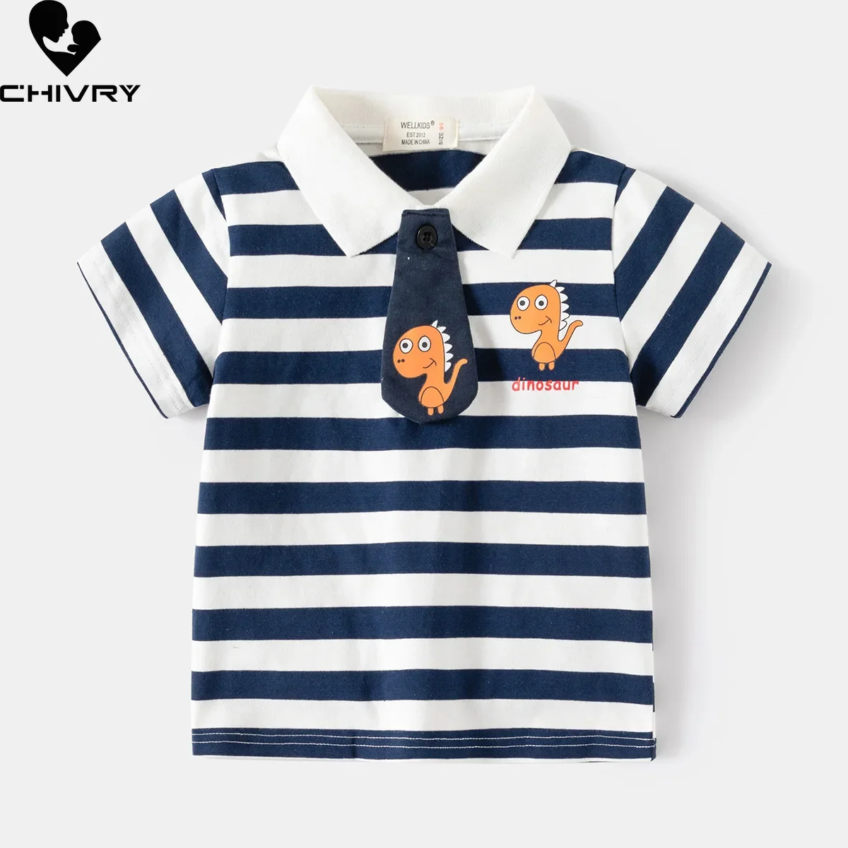 

Boys Casual Striped Polo Shirts New 2024 Summer Kids Cute Cartoon Dinosaur Short Sleeve Lapel Tie T-shirt Tops Children Clothing