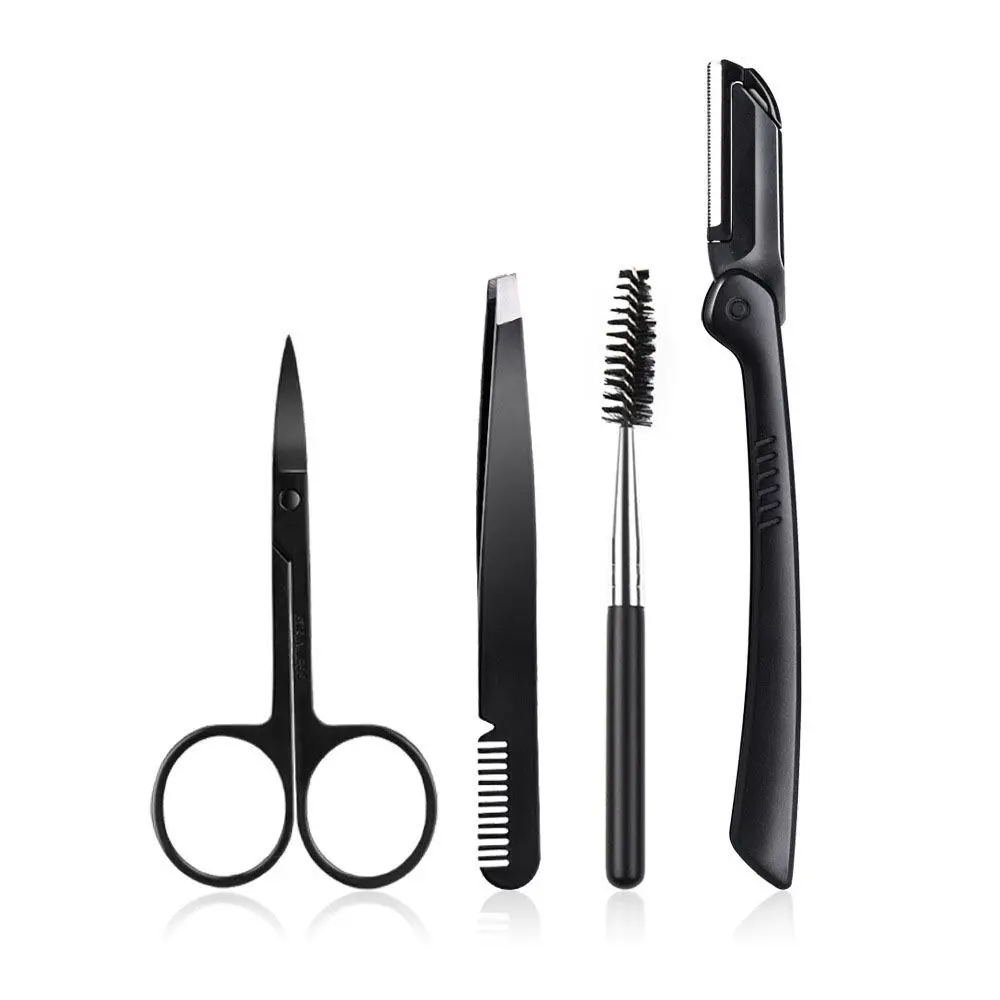 4 pçs/set tesoura sobrancelha shaper rosto depilador com escova pente sobrancelha pinça ferramenta de maquiagem navalha sobrancelha trimmer kit