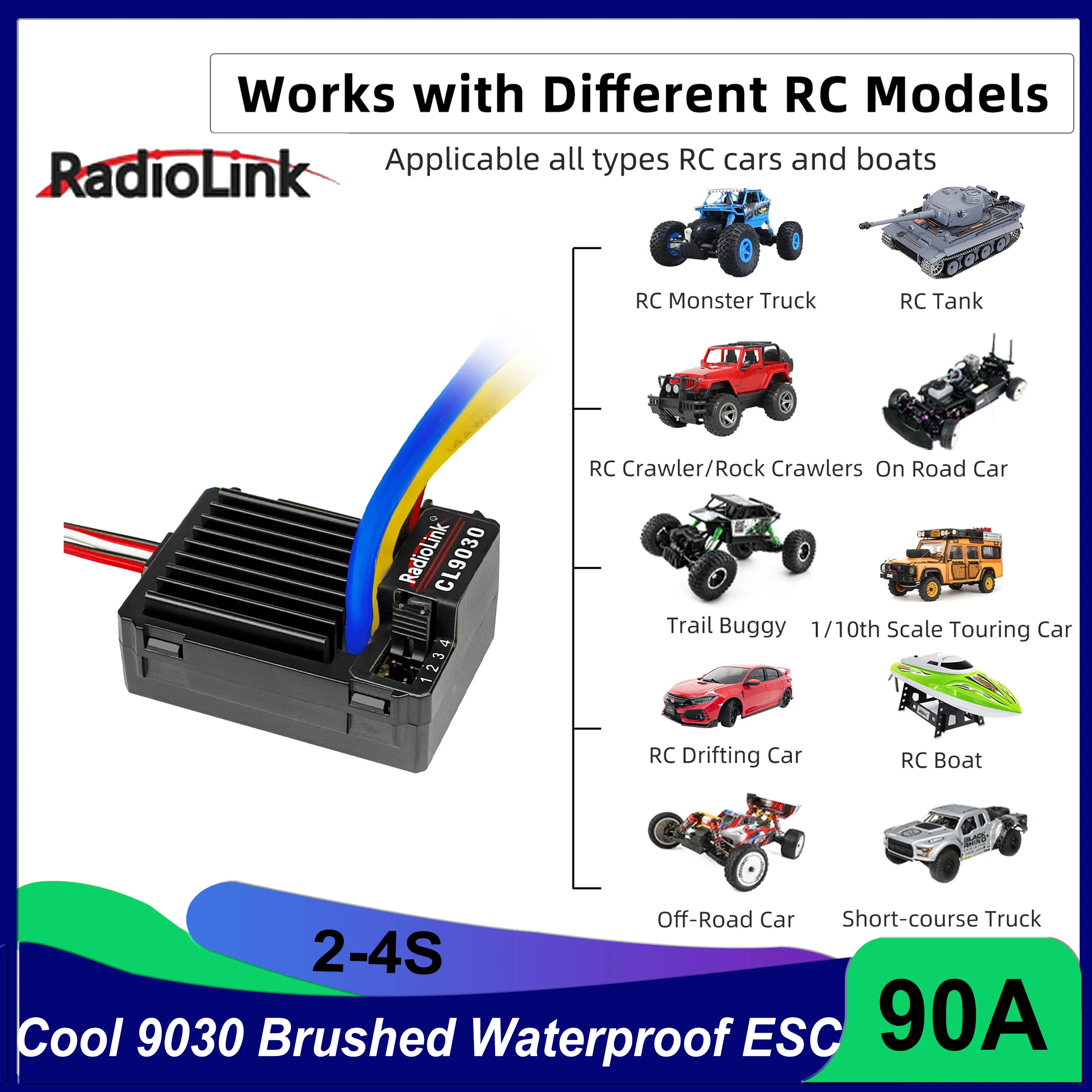 Radiolink Cool 9030 90A Waterproof Brushed ESC 2-4S Built-in BEC 5A Selectable 5.5V/7.5V for 1/10 RC Crawlers Off-road Car Truck