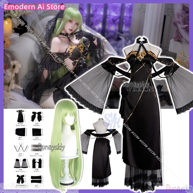 

Хэллоуин Вечеринка Cos Lelouchhh Аниме Rebelliooo Косплей C 코스프레 의상gorgeous Goth Черное свадебное платье Длинные кружевные зеленые парики Лолиты