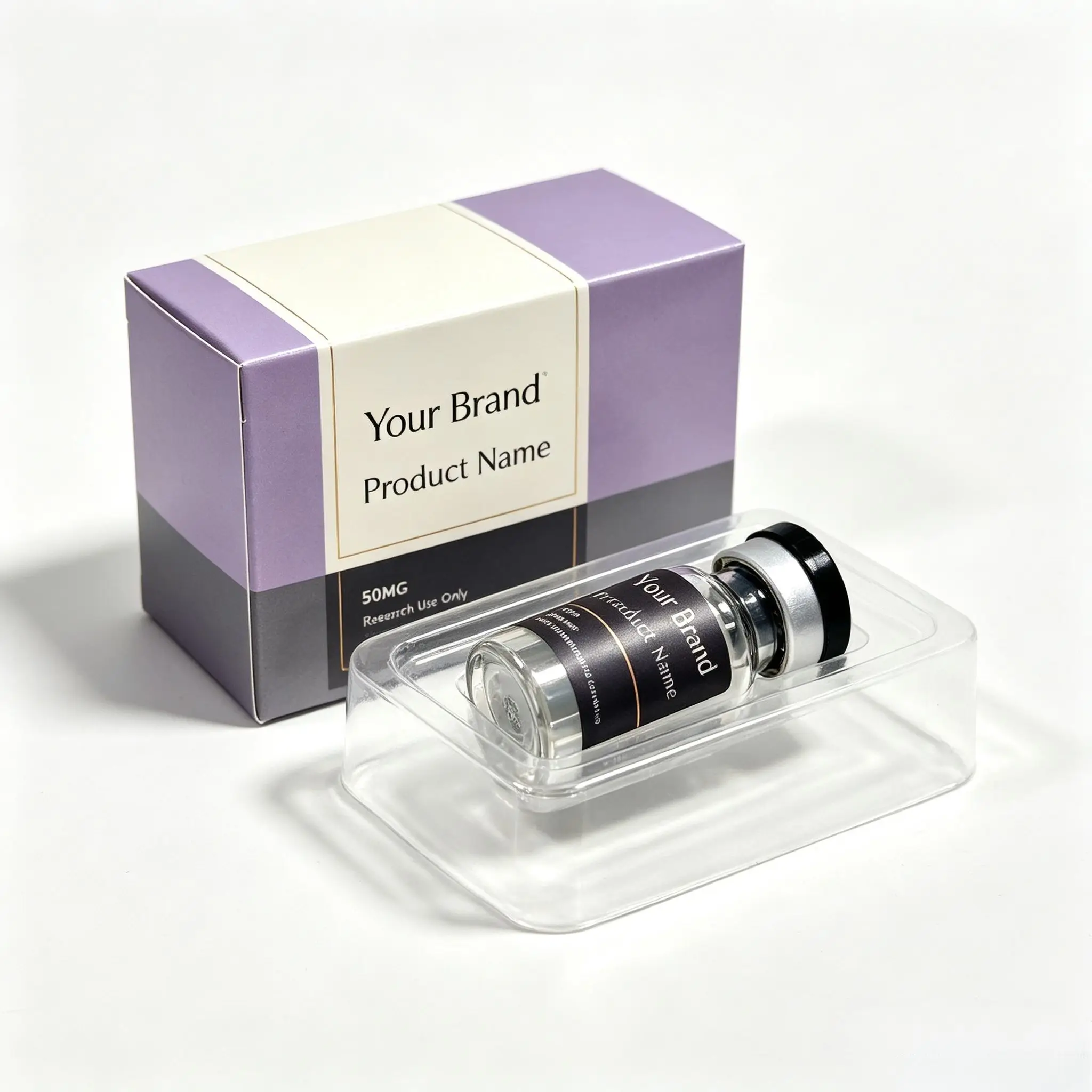 Custom Complete Peptide Packaging Silver Hot Stamping Boxes Waterproof Printed Stickers For 3ml 10ml Body Fitness Supplement Via