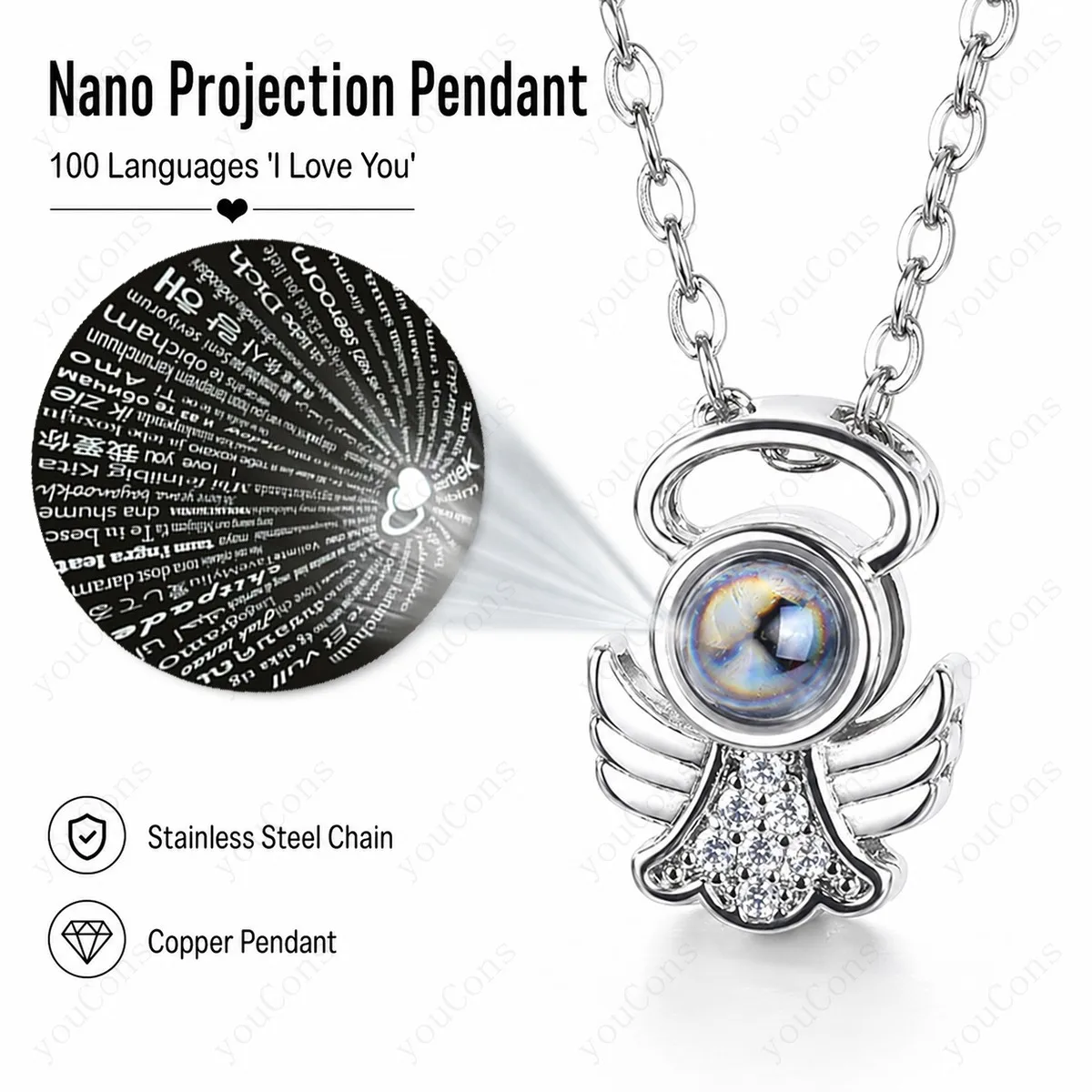 100 Languages I Love You Projection Necklace Angel Pendant With Multi Color Rose Gift Box Mother's Day Valentine's For Women
