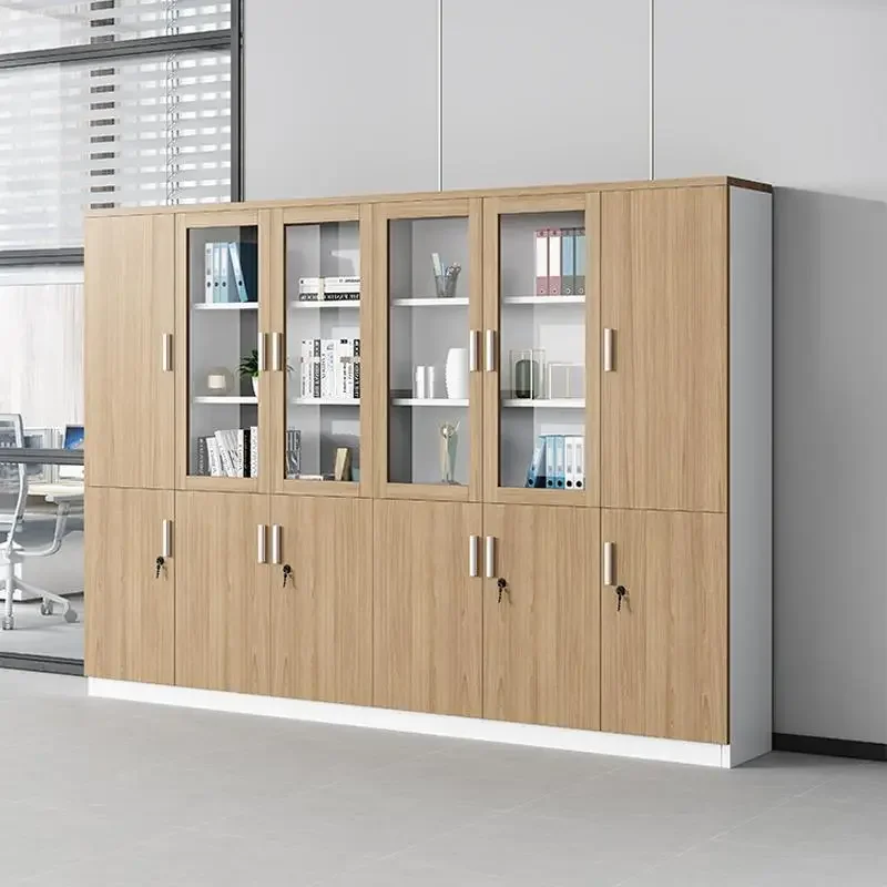 File Cabinet Wooden Locker Bookcase Glass Lateral Filing Cabinet with 4doors 2 Drawers Locked for Home Office Storage Caninets