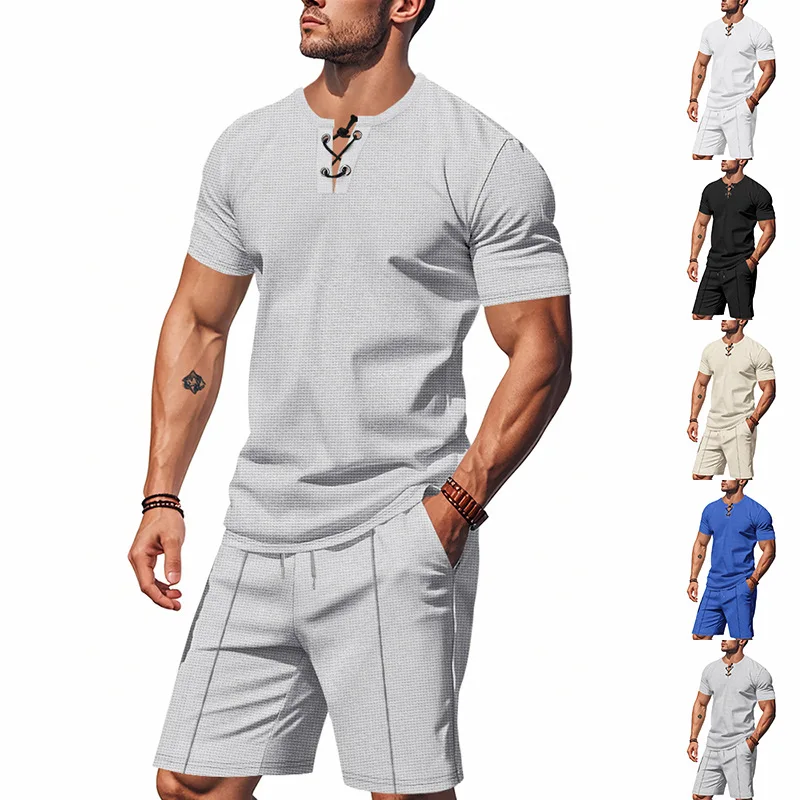 

2025 New Summer Men's Suit Loose Waffle Fabric Breathable Casual Short Sleeve Shorts Two-Piece Set Simple Daily Men's Clothing