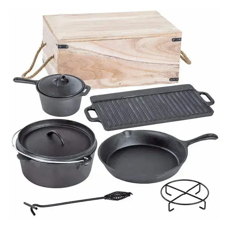 Outdoor camping hiking cooking cookware tableware cookware 7 pcs cast iron fried pot set