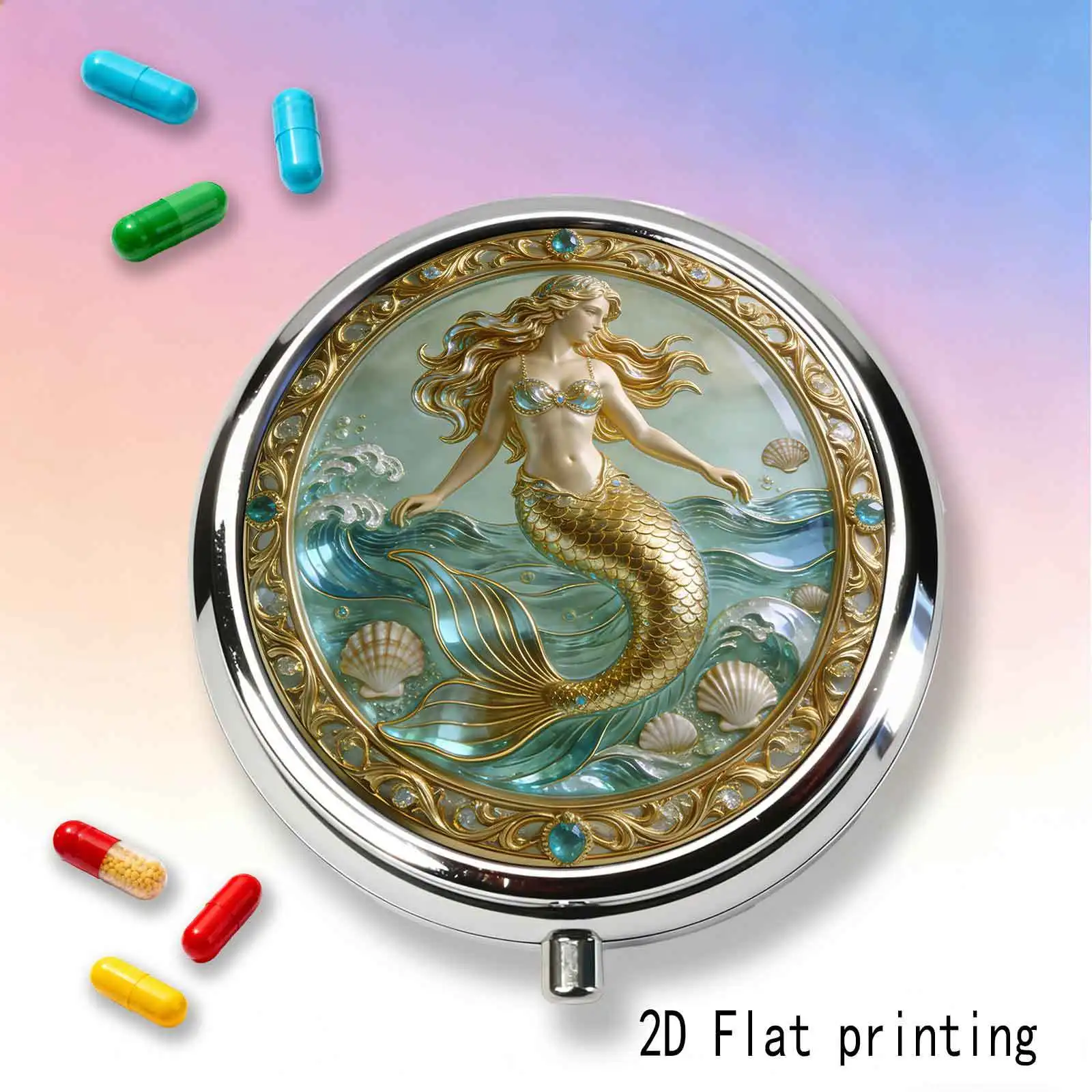 1pc pill box with gold-rimmed mermaid print pattern - small item storage box - mini jewelry box, creative gift, portable and convenient for travel, compartmented storage, small jewelry organizer, convenient storage, ideal for gifting