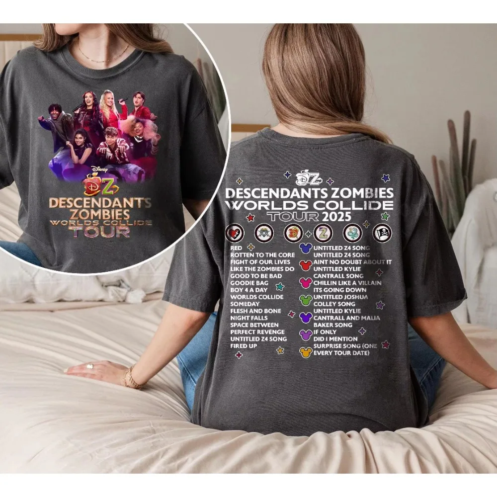 قميص ديزني 2-Sided Descendants Zombies World Tour للسيدات قميص ديزني صعود الشخصيات الحمراء تي شيرت Gen-Z ملابس مهرجان الحفل الصيفي