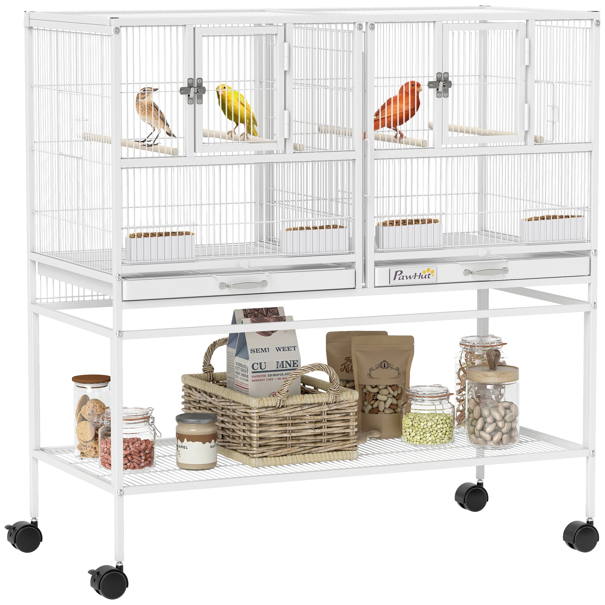 Pawhut Grote Vogelkooi met Scheidingswand, Dubbele Vogelhuisjes met Wielen, 4 Voederbakjes, 4 Zitstokken, Plank, 2 Verwijderbare Bakjes, voor Parkieten, Liefdesvogels, Kanaries, 95x45,5x102 cm, Wit