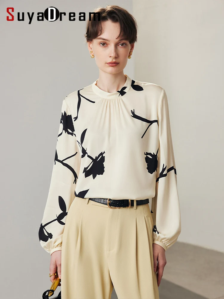 

SuyaDream-Women Printed Blouses, Puff Sleeves Shirts, Stand Collar, 90% Silk, Elegant Top, Spring, Summer, 2024