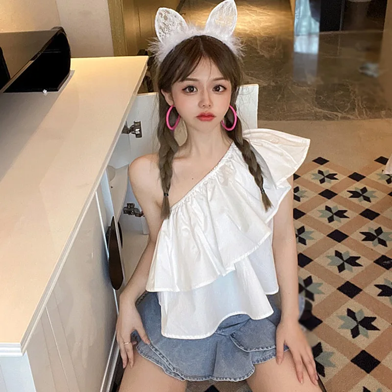 One Shoulder Blouse Women Sleeveless Top Solid Color Loose Fit Pullover Blouse Ruffled Layered T-Shirt Sweet And Spicy Summer