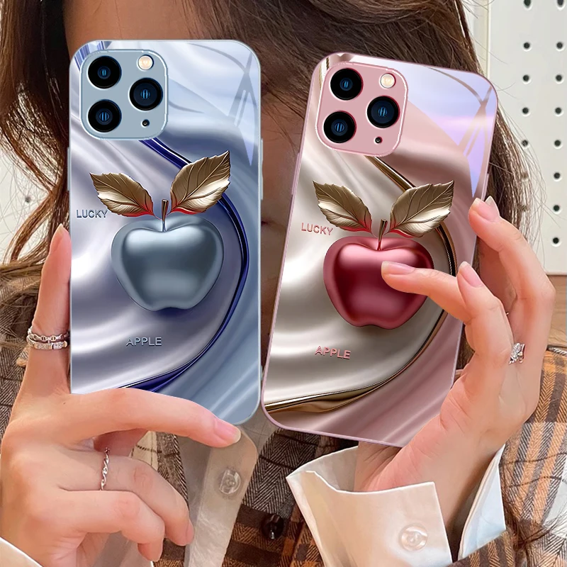 Happy Black Apple For IPhone 16e 16 E  16ProMax 15 Pro Max 14 13 12 Mini 11 XS Max XR 7 8 Plu SE 2022 Tempered Glass Phone Case