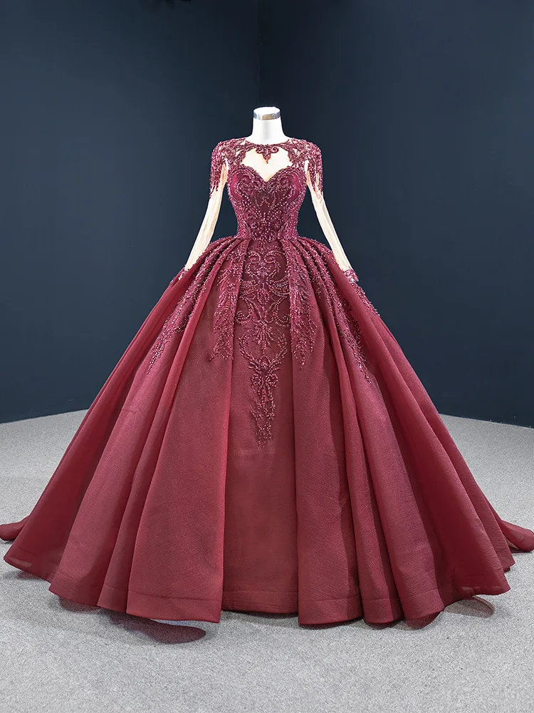 Customizable Exquisite Illusion O Neck Long Sheer Sleeve Beaded Lace Ball Gown Lace Up Sweep Train Bridal Gowns