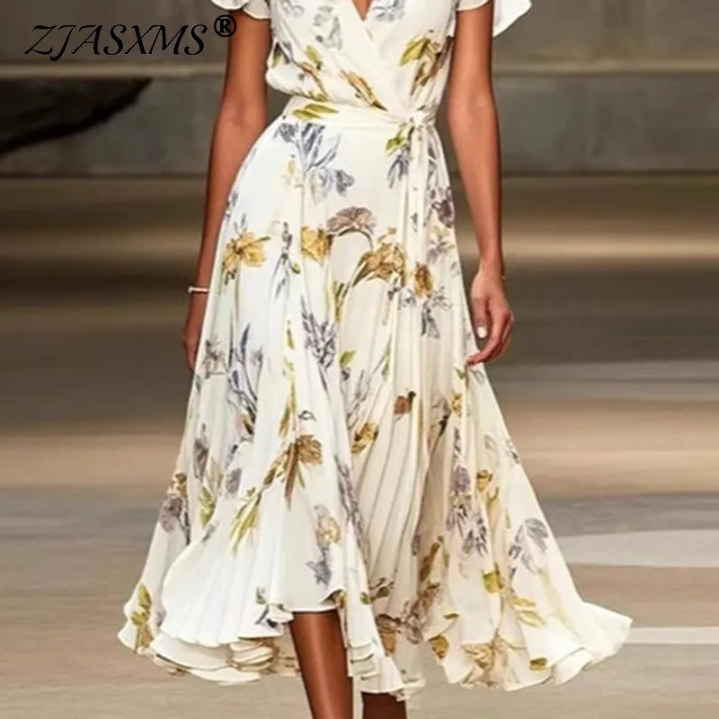 Damska sukienka wakacyjna z dekoltem w serek, wysokim stanem, w kształcie litery A, wiosenna sukienka z kwiatowym nadrukiem, z falbankami, plisowana, długa sukienka damska z krótkim rękawem, letnia sukienka w stylu boho.