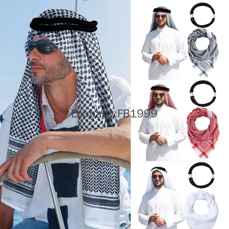 

New Men's Arab Shemagh Muslim Keffiyeh Head Wrap Tactical Desert Head Neck Scarf Military Shawl Arabic Scarf Headwear with Rope